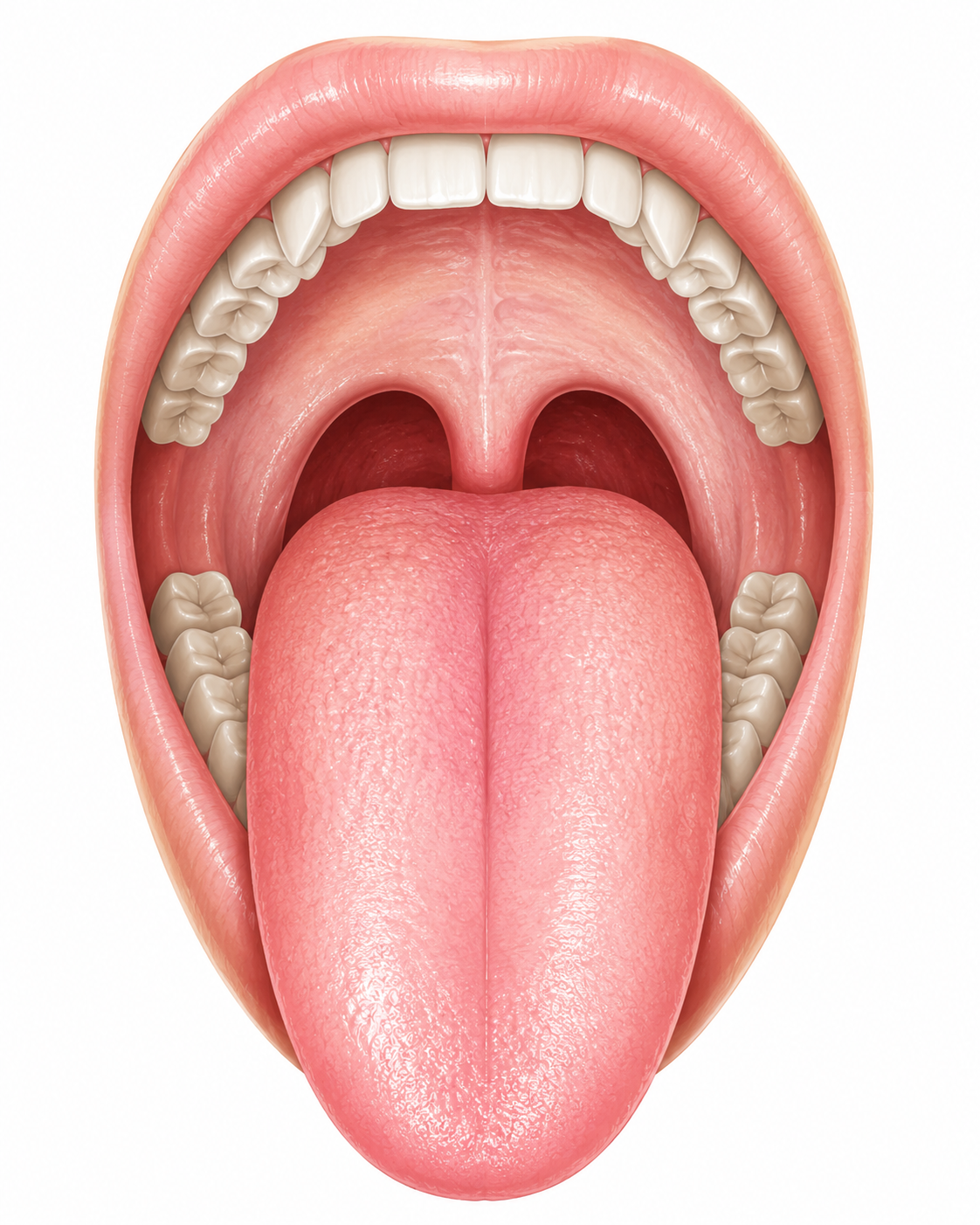 Open mouth view of a patient with tongue protruded, showing the soft palate and fauces visible while the tip of the uvula is obscured by the tongue base