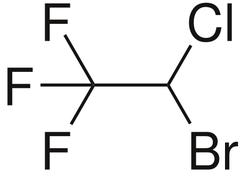 Skeletal chemical structure of halothane, 2-bromo-2-chloro-1,1,1-trifluoroethane