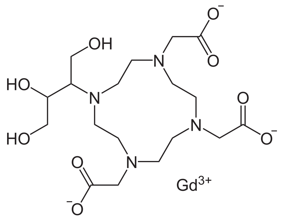 Chemical structure of gadobutrol, a macrocyclic gadolinium chelate, with a central Gd3+ ion