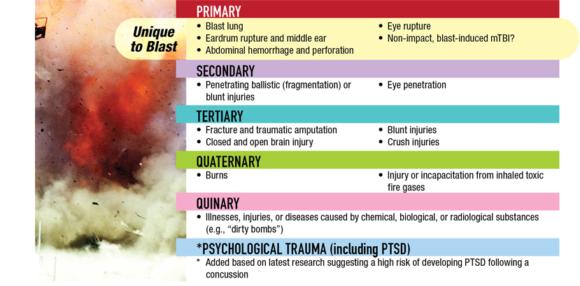 Department of Defense chart classifying blast injuries into primary, secondary,
  tertiary, quaternary and quinary categories
