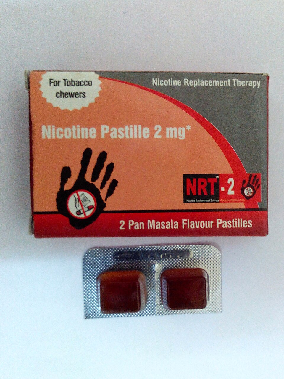 A box of nicotine pastilles (lozenges) labelled as nicotine replacement therapy